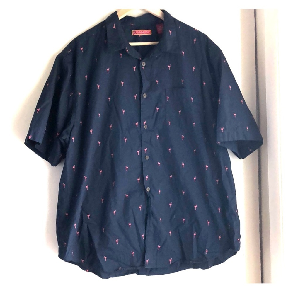 Havanera button-down; navy with pink penguins